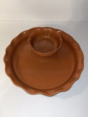 CRATE & BARREL 11.5" Glazed Terra Cotta One-Piece Chip & Dip Ruffled Edges - Image 1 of 4