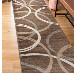 Stain-Resistant 2' x 7' 2" Wavy Circles Runner Rug - Durable Brown Elegance - Picture 1 of 8