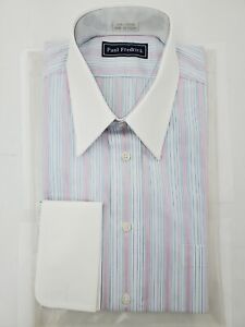 Paul Fredrick Dress Shirt Turquoise Pink Striped Two Ply Cotton 15.5 35  