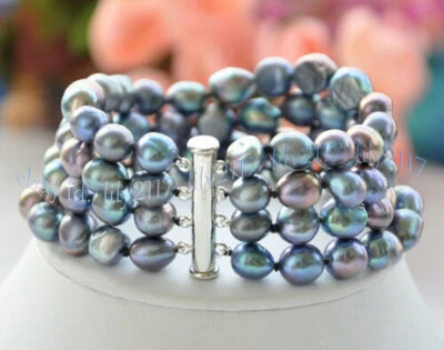 Brazalete de perlas de agua dulce barrocas negras naturales genuinas de 7-8 mm de 4 filas 7,5"" Foto 1 de 4