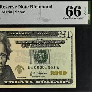 2004 $20 Federal Reserve Note PMG 66EPQ Gem Birthday Low Serial Number 00001969 - Picture 1 of 3