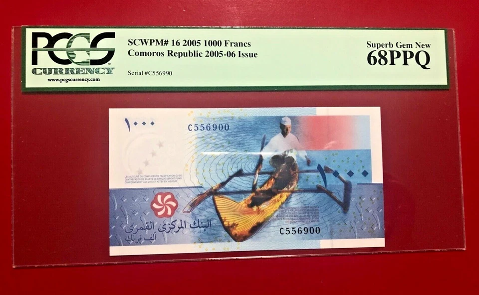2005 1000 FRANCS COMOROS REPUBLIC 2005-06 ISSUE PCGS CURRENCY SUPERB GEM 68PPQ - Image 1 of 2