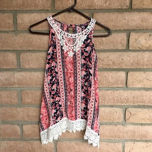 Famous Pink Girls Dress Sz 7 Floral Sleeveless Lace Trim Sharkbite Hem USA Made - Picture 1 of 7