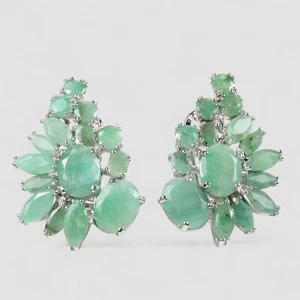 White Gold Plated Earrings Colombia Vivid Green Emerald Oval 925 Sterling Silver - Imagen 1 de 6