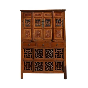 Chinese Brown Open Panel Relief Carving Storage Stack Cabinet cs5460 - Picture 1 of 6