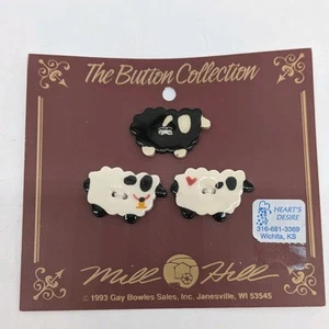 Vtg 1993 Mill Hill Hand Painted 3 Ceramic Buttons Sheep 2 White 1 Black New - Picture 1 of 4