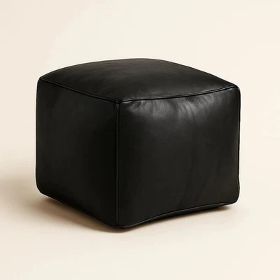 Handmade Moroccan Leather Pouf – Square Black Ottoman Floor Cushion 16x16x16 - Image 1 of 4