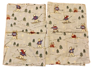 Vintage 2 Flannel PILLOW CASES Of POLAR BEAR SKIING House Trees Mountain - Picture 1 of 4