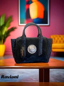 Raviani Mini Satchel Schultertasche aus schwarzem Kalbsleder & schwarzem Krokodil - Bild 1 von 8