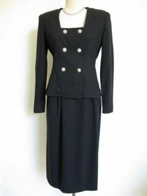 Vintage Adele Simpson 2-Pc Suit Dress 2 XS Rhinestone Buttons Black Wool Crepe - Image 1 of 4