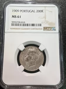 1909 MS61 Portugal Silver 200 Reis KM 549 NGC UNC One Year Type! - Picture 1 of 4