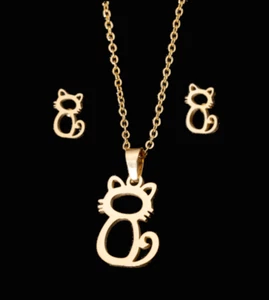 KINDER SCHMUCKSET KATZE CAT KETTE SILBER OHRRINGE HALSKETTE MÄDCHEN SET KITTY - Picture 1 of 3