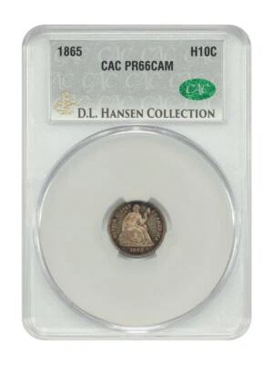 1865 H10C CACG PR66CAM EX: D.L. Hansen - Media moneda de diez centavos Liberty Seated Foto 1 de 4