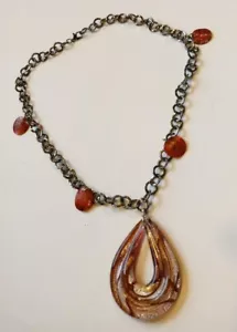 Handmade glass Pendant Necklace Metal chain Jewelry shell charms Red Orange - Picture 1 of 7