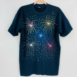 Vintage Mens Screen Stars Graphic T-Shirt Blue Fireworks Single Stitch USA L - Picture 1 of 5