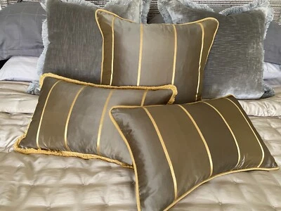 ❇️ NEW Greyish Taupe & Gold FINE SILK striped Cushion covers Fringed or Piped - Image 1 of 4