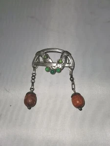 Vintage Silver Georg Jensen Brooch with Amber and Chrysoprase Stones - Picture 1 of 18