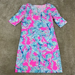 Lilly Pulitzer womens Dress S Pink Lobsters in Love Lajolla Ruched 1/2 Sleeve - Picture 1 of 19