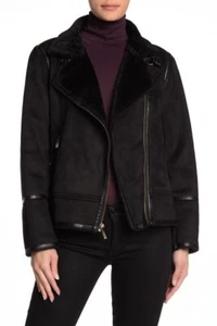 Michael Kors Faux-Shearling Faux-Suede Moto Jacket, Black Size XS /RTL $320 - Picture 1 of 11