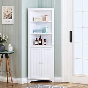 Elegant Tall White Corner Storage Cabinet with Doors & Adjustable Shelves - Picture 1 of 10