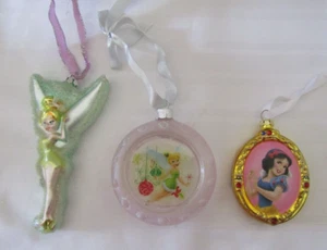 Lot of 3 Disney Glass Xmas Ornaments 1 Snow White,2 Tinkerbell (Rare Round Pink) - Picture 1 of 24