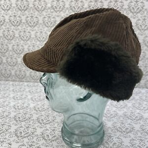 Vintage Italian Corduroy Fur Brown Winter Newsboy Hat Circus Seal Baumwolle M/L