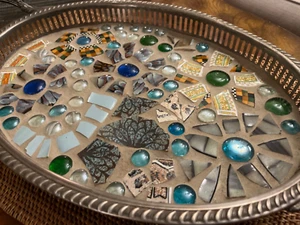 Handmaid Mosaic silver platter Tray Earthy decor coffee table kitchen home - Picture 1 of 10