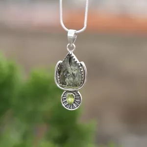 Czech Moldavite With Peridot 925 Sterling Silver Handmade Pendant - Picture 1 of 6