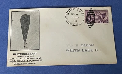 ¡ESCASA CUBIERTA DE VUELO ESTRATOSFERA GLOBO 1935! CACHET DE AVIACIÓN WHITE LAKE SD EN MUY BUEN ESTADO Foto 1 de 2
