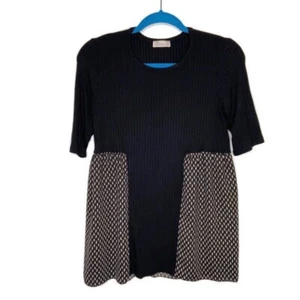 Tea N Rose L.A. Black & Tan Mixed Media Short Sleeve Blouse Shell Print Small - Picture 1 of 7