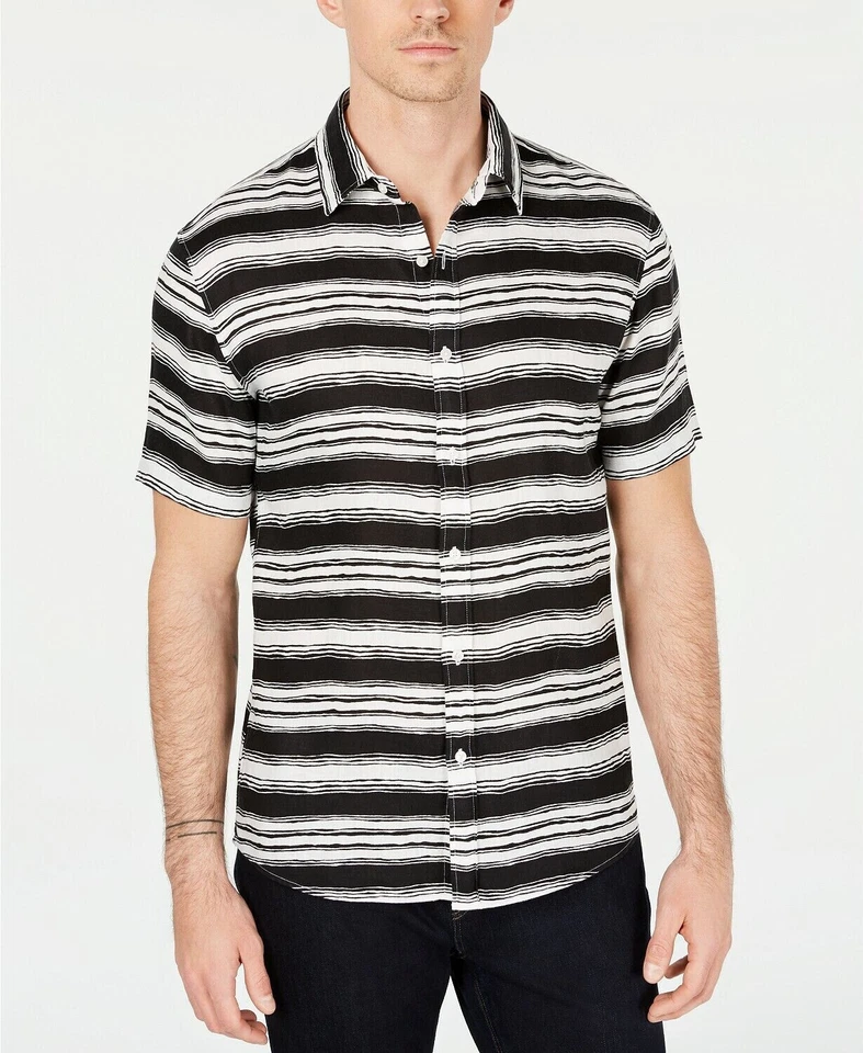 Michael Kors Mens Shirt Black Size 2xl Linen Stripe Print Button up #191