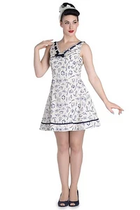Vintage Sailor Dress Tea Dress Cream Blue Cotton Hellbunny Pride Nautical - Picture 1 of 3