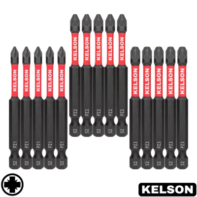 15 x Mixed 75mm Pozi PZ1  PZ2  PZ3 Impact Screwdriver Bits Magnetic 1/4" KELSON - Image 1 of 4