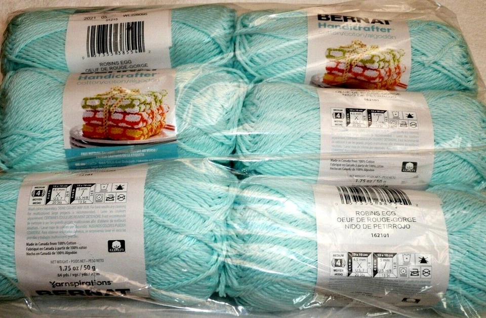 Bernat Cotton Handicrafter Yarn Lot of 6 Skeins #4 Medium ROBIN'S EGG - Image 1 of 1