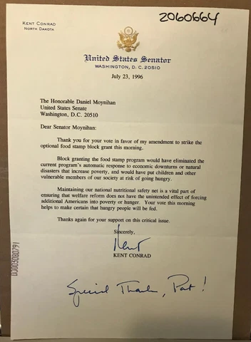 Senator Kent Conrad Typed Letter Signed - To NY Senator Daniel P. Moynihan Cover