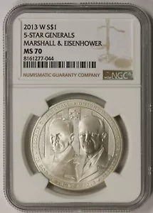 2013-W 5 Star Generals Marshall & Eisenhower Silver Commemorative $1 MS 70 NGC - Picture 1 of 4