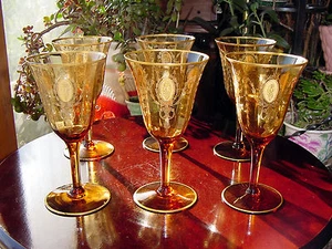 4 Antique TIFFIN CHARMAIN GOLD ENCRUSTED IRIS Amber OPTiC Water Stemware Glasses - Picture 1 of 5
