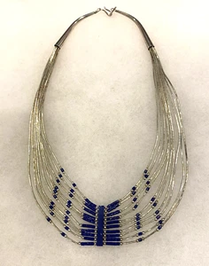 Sterling 10-Strand Heishi & Lapis Necklace with 16-Inch Neck Opening-22.5  Grams - Picture 1 of 8