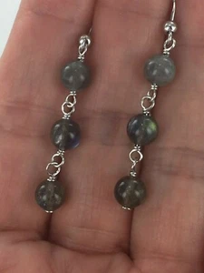 Genuine Tonal Labradorite 6 MM Round Bead Dangle Sterling Silver Earrings  - Picture 1 of 6