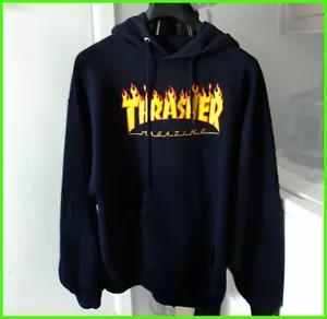 XL * ORIGINAL - Thrasher Hoodie Navy Blue Hooded Sweater Shirt Skate Skateboard - Picture 1 of 2