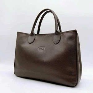 LONGCHAMP Handbag Tote Medium A4 Logo Leather Brown women's USED FROM JAPAN - Picture 1 of 10