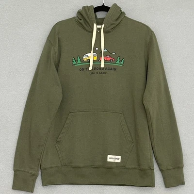 Life Is Good Mens Sweatshirt M Army Green On The Road Again Graphic Hoodie - Image 1 of 4