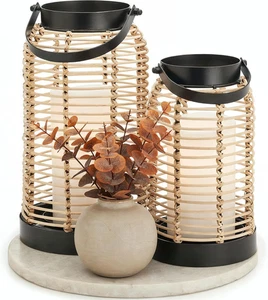 Natural Rattan Boho Lantern Handcrafted Farmhouse Decor Indoor Outdoor - Picture 1 of 9