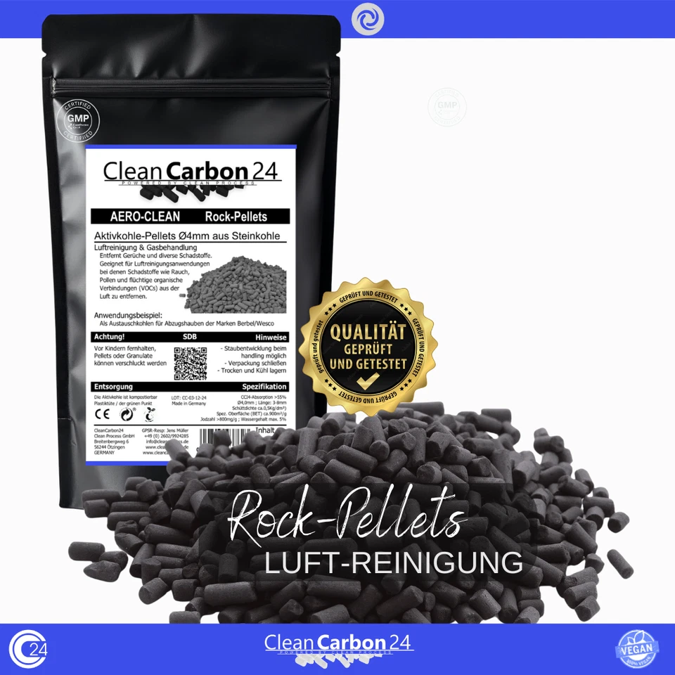 CLEAN CARBON 24 POWERED BY CLEAN PROCESS 5L Aktivkohle Granulat 3,4-4,8mm Kokosnuss Luft-Filter Dunstabzug Hydrokultur