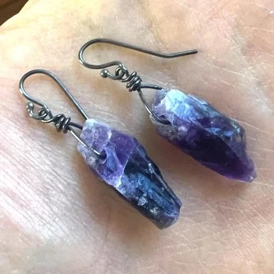 Pendientes Amatista Plata Esterlina Joyería Artesanal Hecha a Mano 925 Oxidados Febrero Foto 1 de 4