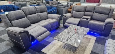 Hannah 3 + 2 Grey Sofa Set Micro Fibre Fabric Electrical Recliners + Blue LED - Image 1 of 4