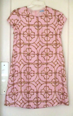 J. McLaughlin Size Medium Pink and Gold Geometric Silk Twill Dress with Pockets - Image 1 of 4