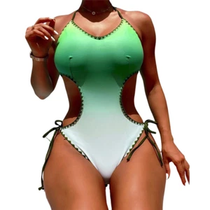 One Piece Swimsuit Women Halter Cut Out Backless Gradient Swimwear Female - Picture 1 of 9