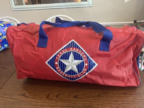 VTG 1990’s Texas Rangers Souvenir Duffel Bag Red 22” Stadium Giveaway Dr Pepper Cover