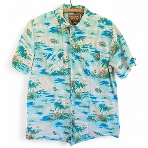 Red Camel Mens Hawaiian Button-Up Shirt Cotton Blue Tropical Print Large - Picture 1 of 9